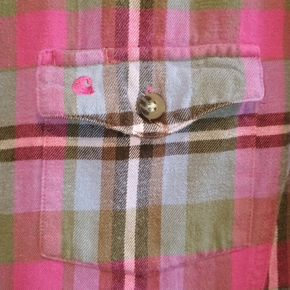 Carhartt Women’s Plaid Flannel Shirt Small Pink Green Double Pocket Outdoor Work - Picture 6 of 10